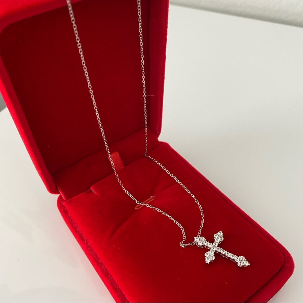 14k white gold  over 925 white lab sapphires Cross necklace - Picture 8 of 16